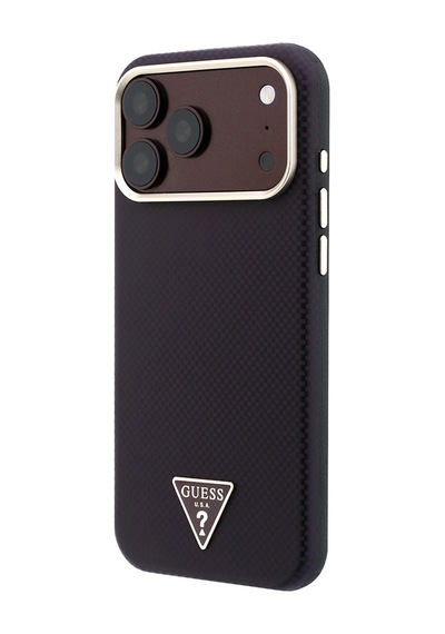 Apple iPhone Uyumlu 18 Pro Max Kılıf Guess Lisanslı M-safe Pu Metal Üçgen Logolu Karbon Fiber Kevlar Kapak Bordo