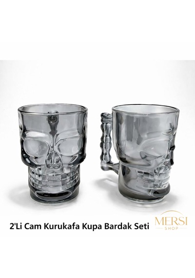 2 Li Cam Kurukafa Kupa Bardak Seti Gotik Tasarım Şeffaf Skull Kupa