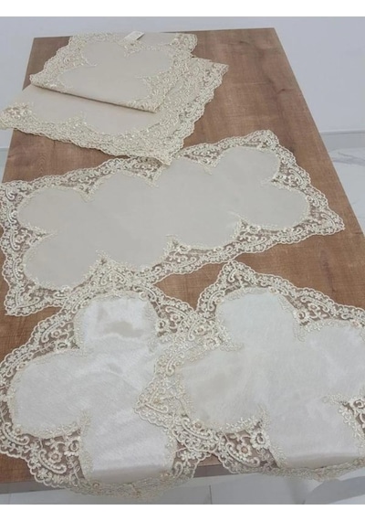 Violetta Lüx Güpürlü Osmanlı İpeği Kumaş Bej Salon Takımı 5 Parça 1038 Bej