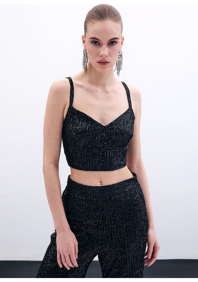 Sateen Kalın Askılı Payet Crop - Siyah-135338 Siyah