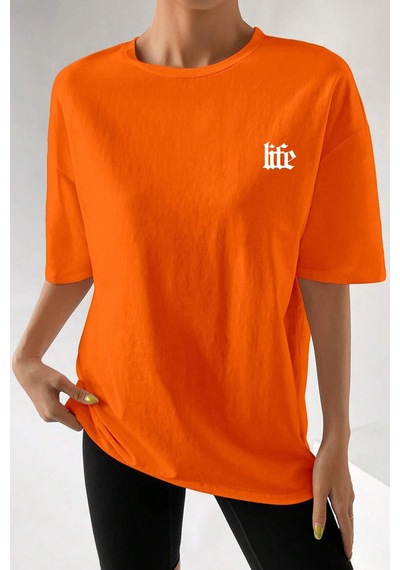 Unisex Life Baskılı T-shirt Turuncu