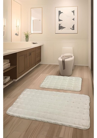 Bubble Tavşan Tüyü, Kaymaz Taban, Pofuduk, Ultra Lüks, Yıkanabilir 2'li Banyo Paspası Ekru Çok Renkli