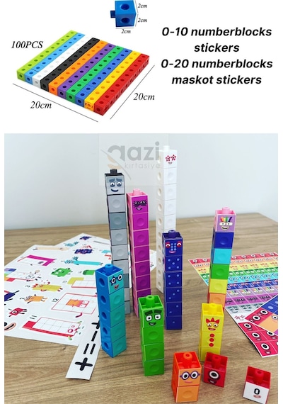 Numberblocks 100 Parça Geçmeli Matematik Küpleri - Snapcubes / 0-10 Stickers Ve 0-20 Maskot Stickers