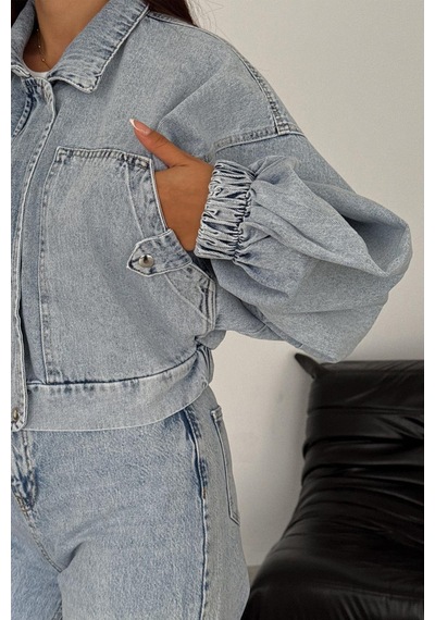 Kadın Açık Mavi Kısa Denim Ceket Elastik Manşetli Crop Model Mavi