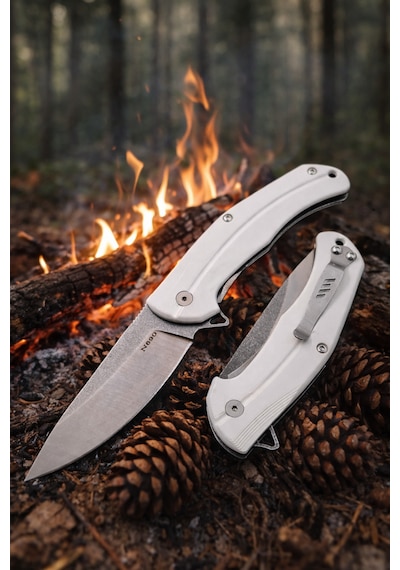El Yapımı N690 Böhler Çelik Kamp Çakı İçten Kilitli, Kemer Klipsli Outdoor Tasarım Beyaz