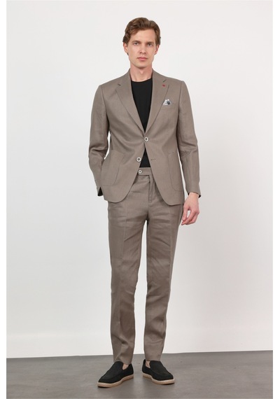 İmza Yeşil Mono Yaka Keten 6 Drop Slim Fit Yarım Astar %100 Keten Takım Elbise 1001260164 Açık Yeşil