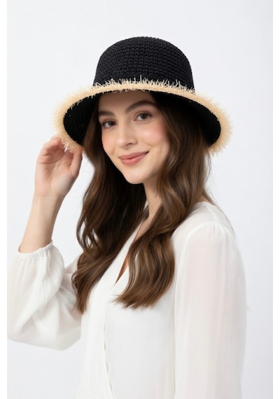 Mollycrush Yazlık Hediye Hasır Saman Detaylı Siyah Şapka Güneş Koruyucu Bucket Model Siyah