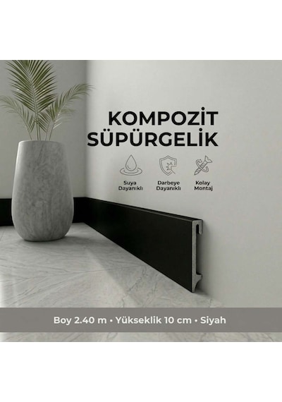 Espumo Kompozit Süpürgelik 10 cm Siyah | Suya Dayanıklı Parke Duvar Süpürgelik 2,40 m ESP406