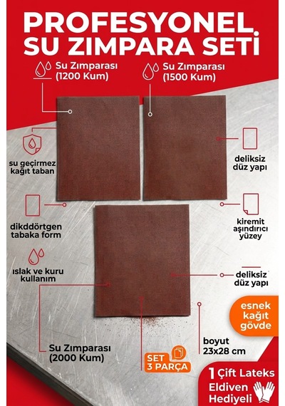 23x28 Cm Su Zımparası Seti 1200 1500 2000 Kum 3 Parça Islak Kuru İnce Polisaj Zımparası + Eldiven