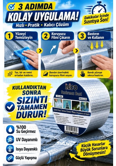 96 Mm X 2 Metre Alüminyum Sızdırmaz Tamir Bandı Su Geçirmez Güçlü Yapışkan Çatı Oluk Boru Pencere İz