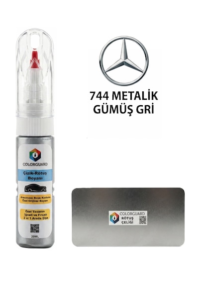 Mercedes-benz 744 Metalik Gümüş Gri İğneli Ve Fırçalı 2 Si 1 Arada Özel Tasarım Şişe Rötuş Boyası Ve Profesyonel Rötuş Çeliği Seti
