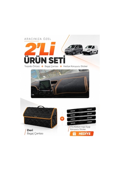 Toyota Proace Cıty 2020-2026 Uyumlu Torpido Örtüsü + Deri Çanta + Sticker - Siyah Kahverengi