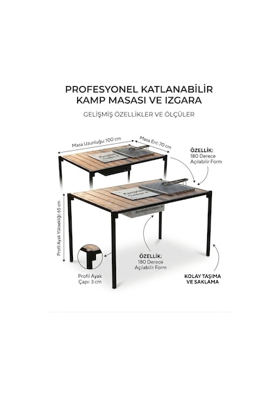 Taşınabilir Kamp Masası - Katlanır Ahşap Piknik Masası, Çıkarılabilir Mangal Izgara Kamp Ve Piknik Siyah