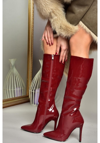 Fox Shoes N372530108 Bordo Rugan İnce Topuklu Sivri Burun Kadın Çizme Bordo-rugan Bordo