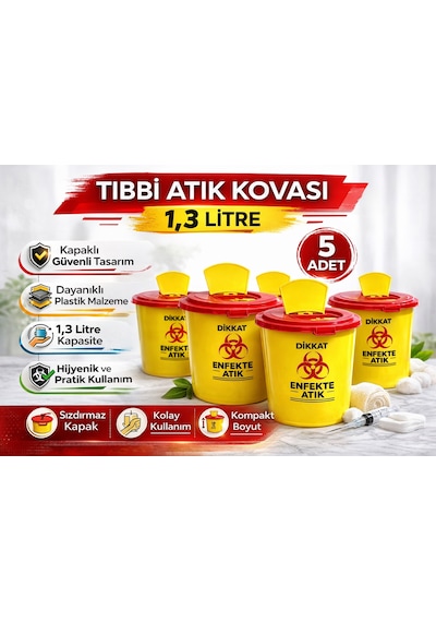 Tıbbi Atık Kovası 1,3 Litre 5 Adet Kapaklı Tıbbi Atık Kutusu Enfekte Atık Kovası Seti Siyah