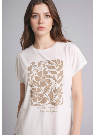 Defacto Bisiklet Yaka Çiçekli Ekru Kadın T-shirt G8804ax/er105 Ekru