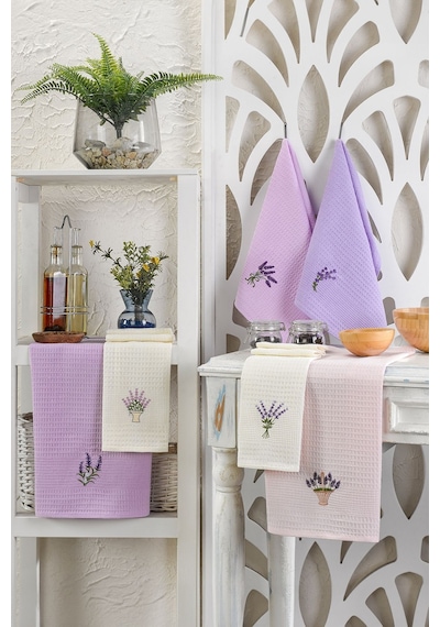 Eponj Home 6lı Kurulama Peçetesi Nakışlı 40x60 Lavanta Lila-beyaz