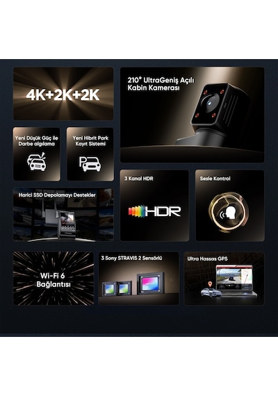 Viofo A329s 3 Kameralı Ön+arka+iç 4k+2k+2k Wi-fi 6 Hdr Sony Starvıs 2 Sensör Gps'li Ssd Destekli Araç Kamerası