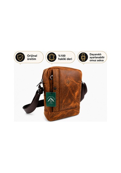 Alphaclub Bag Erkek Crazy Taba Hakiki Deri Postacı El Ve Omuz Çantası Orta Boy