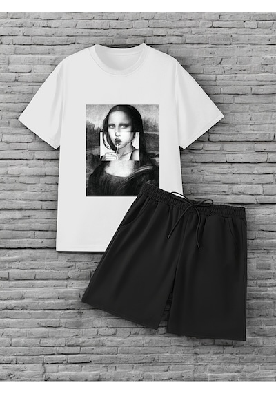 Uyguntarz Unisex Mona Lisa Baskılı Tasarım Şort Takım Beyaz