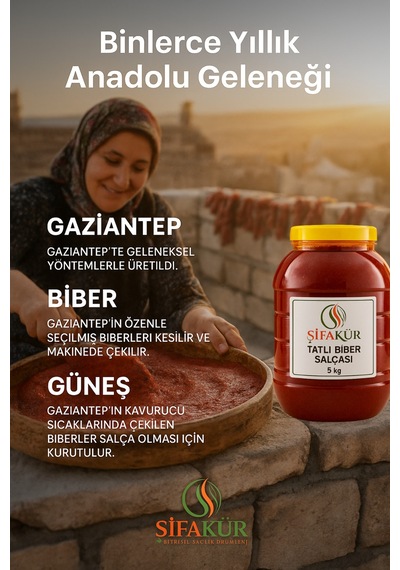 Şifakür Tatlı Biber Salçası Güneşte Kurutulmuş Doğal Gaziantep Ev Yapımı Yemeklik 5 Kg