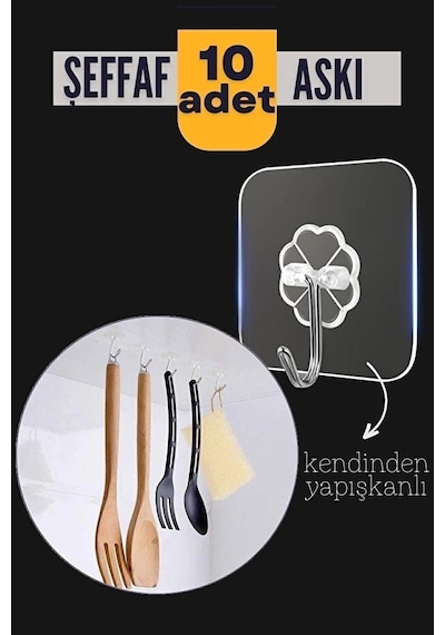 10'lu Şeffaf Kendinden Yapışkanlı Güçlü Askı Kancası, Banyo Mutfak Organizer, İz Bırakmaz Pratik Askı