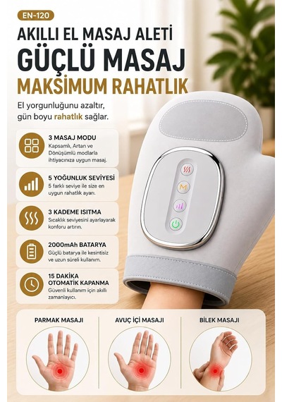Elektrikli El Masaj Aleti Isıtmalı, 3 Masaj Modu 5 Yoğunluk Seviyesi, 3 Kademe Isıtma, 2000 Mah Şarjlı, Parmak Avu