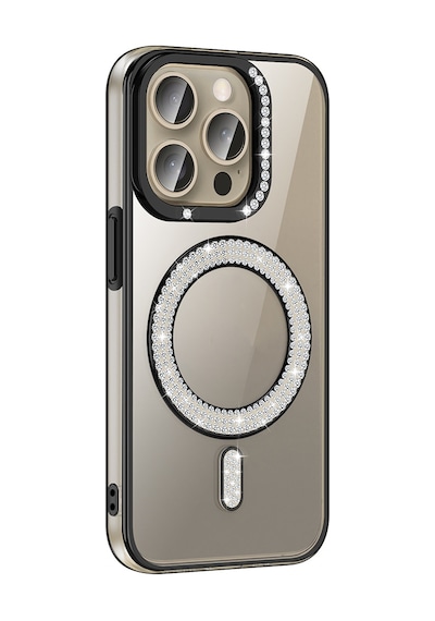 Apple Uyumlu iPhone 15 Pro Kılıf Pırlanta Taş Tasarımlı M-safe Şarj Özellikli Karetta Silikon Kılıf Siyah