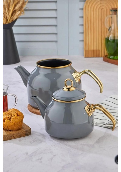 Emaye Özel Tasarım Yapışmaz Yüzey Büyük Boy Demlik Seti Emaye Çaydanlık Üst 1.4 L Alt 2.6 L Gri