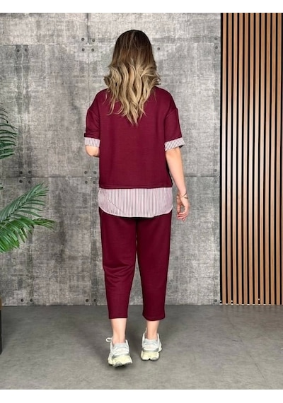Defymoda Kadın Modal Kumaş Çizgili Gömlek Yaka Ikili Takım Kırmızı