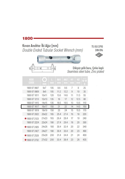 İzeltaş Kovan Anahtar 16 x 17 mm(1800 07 1617)