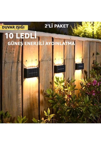 10 Led 2'li Güneş Enerjili Bahçe Aydınlatma Duvar Aplik Solar Otomatik Duvar Işığı Su Geçirmez Ip65