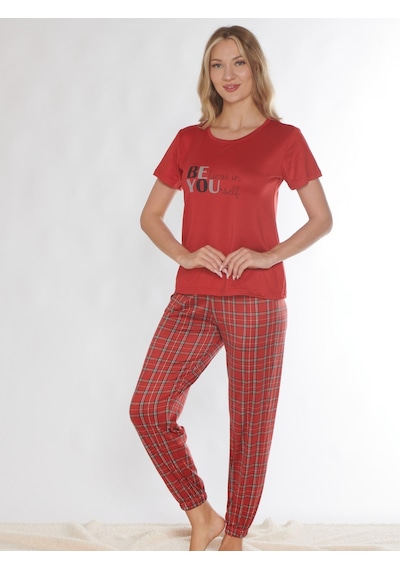 Kısa Kol Pijama Takımı Yazlık Viskon Ekose Desen Dowry 08-130 Kırmızı