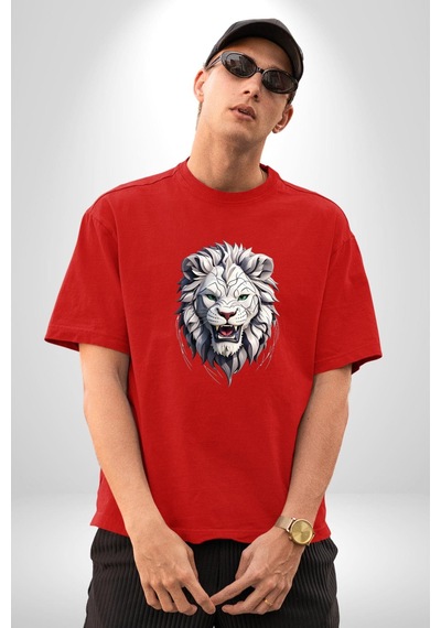 Beyaz Kaplan Kükreme Pamuklu Bisiklet Yaka Unisex Oversize Boyfriend Dijital Baskılı Kırmızı T-shirt Kırmızı