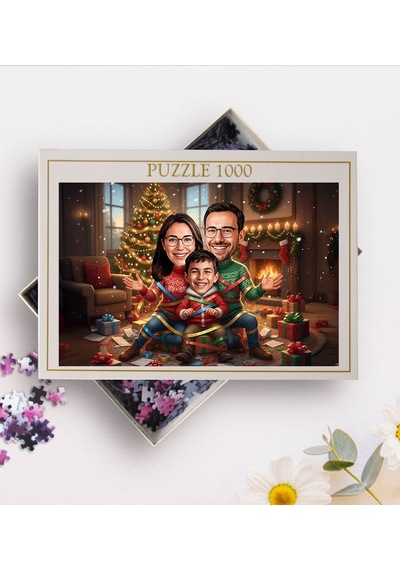 Bk Gift Kişiye Özel Aile Yılbaşı Karikatür Tasarımlı 1000 Parça Profesyonel Puzzle-2, 1000 Puzzle, Yeni Yıl Hediyesi, Yılbaşı Hediyesi Kobitmeyencom35