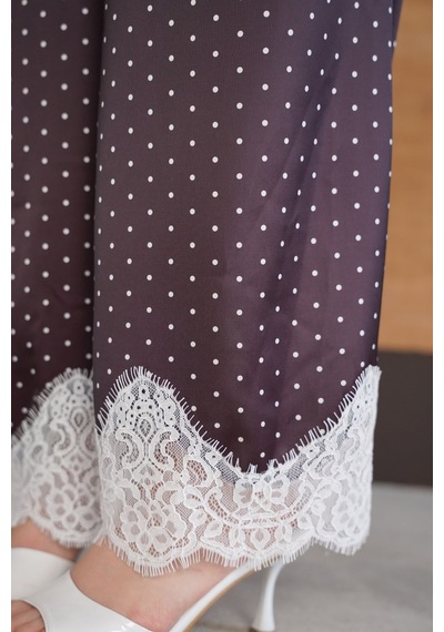 Verymoda Puantiyeli Paçası Dantelli Saten Pantolon D2970 Kahve