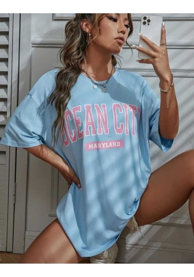 Kozia Outdoors Malkoçbey Ocean City Baskılı Oversize Unisex Basic T-shirt Bebe Mavi