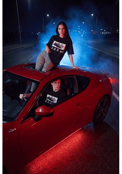 Black Nova Oversize Baskılı Unisex %100 Pamuk T-shirt Racer Siyah