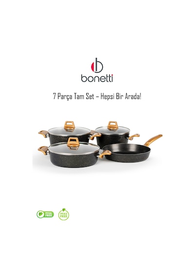 Bonetti 7 Parça Granit Tencere Seti Yapışmaz, Çizilmez, Kolay Temizlik Cam Kapaklı Tencere Takımı Siyah