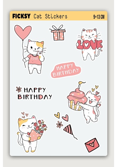 Sevimli Kedi Sticker Seti - 9 Adet Doğum Günü Temalı Etiket Çıkartma Kalp, Hediye, Pasta Ve Çiçek Diğer