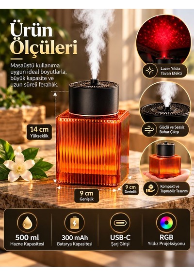 500ml Şarjlı Araç İçi Hava Nemlendirici Rgb Lazer Yıldız Efektli 300mah