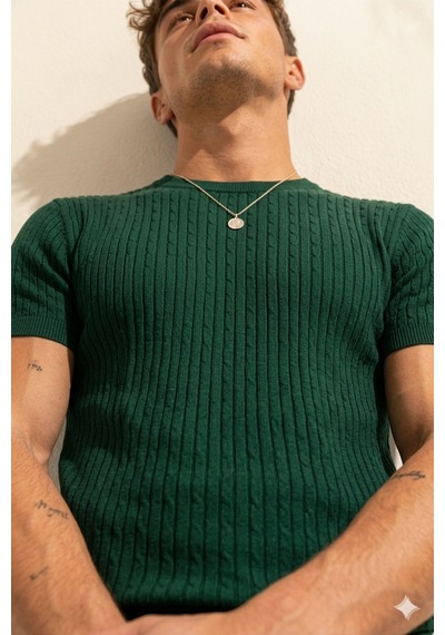 Ribana Erkek Kısa Kollu Bisiklet Yaka Esnek T-shirt 26022 Zümrüt Yeşili