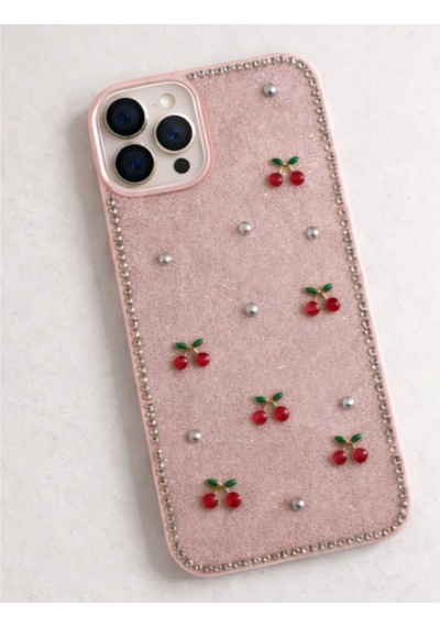 Apple Uyumlu iPhone 16 Pro Max Kiraz Figürlü Simli İnci Taşlı Lüx Silikon Kılıf Pembe