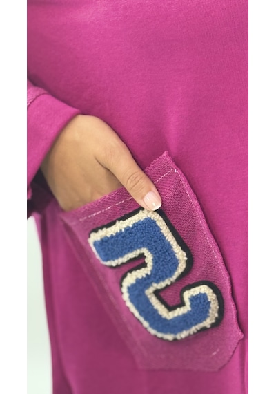 Büyük Beden Yakalı Cepli Sloganlı Uzun Kol Oversize Viskon Kadın Tunik Sweatshirt Pembe