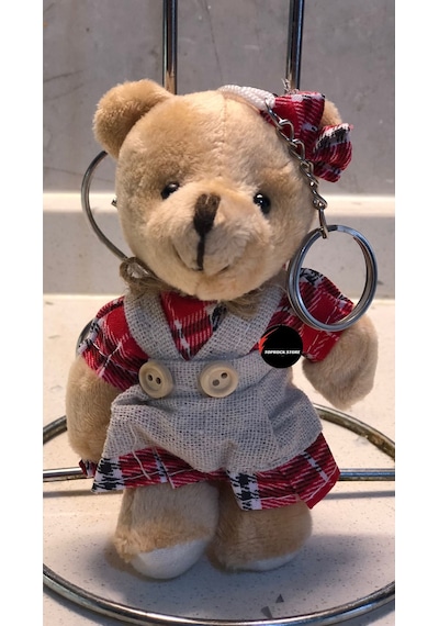 Sevimli Elbiseli Kurdeleli Ayıcık Peluş Oyuncak Desenli Anahtarlık Uyku Arkadaşı Hediyelik 12 Cm Kahverengi