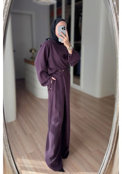 Ka Hijab Kruvaze Pantolonlu Salaş Takım - Mürdüm Bordo