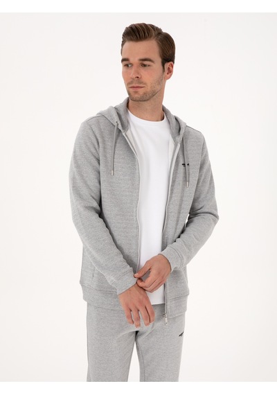 Gri Melanj Regular Fit Pamuk Karışımlı Tam Fermuarlı Sweatshirt