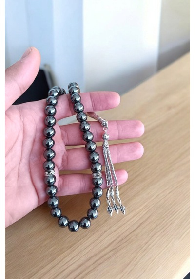 Hematit Tesbih 33' Lük Tesbih Orijinal Doğal Taş Renk Atmaz Koyu Gri Hematit Taşı 10 Mm Gri Gri