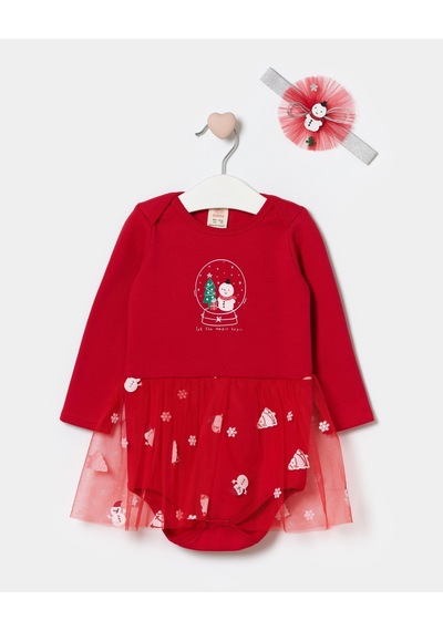 Magu Kız Bebek Pamuklu Kırmızı Kardan Adam Temalı Tül Etekli Body Set - Saç Bandı Aksesuarlı Magu Kız Bebek Pamuklu Kırmızı Kardan Adam Temalı Tül Etekli Body Set - Saç Bandı Aksesuarlı