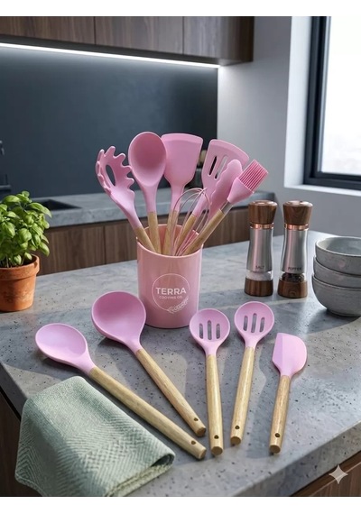 Mey İthalat 12 Parça Bambu Saplı Silikon Mutfak Gereçleri Seti - Pembe Mutfak Servis Seti Çok Renkli